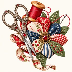 Vintage-Nähprojekt (PNG): Patchworkblume mit verzierter Schere und Faden, transparente Nähgrafik zum Download