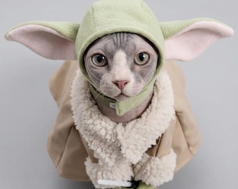 Disfraz de Baby Yoda para perros y gatos / Traje infantil alienígena con capucha, orejas y sable de luz / Disfraz de Halloween para mascotas pequeñas y medianas