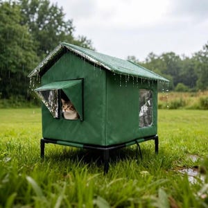 May include: A dark green, elevated outdoor pet shelter with a peaked roof and a silver reflective interior lining. The structure features a side window with a protective awning and a clear panel, with a tabby cat visible inside the opening.