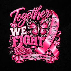 Puede incluir: Un diseño gráfico con el texto Together WE FIGHT y Breast Cancer Awareness. Incluye una cinta rosa, una mariposa con alas rosas, dos rosas rosas y dos gemas en forma de corazón. La cinta enumera las palabras Hope, Faith, Strength, Courage, Survive y Thrive.