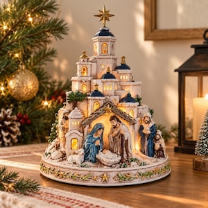 May include: A multi-tiered, illuminated nativity scene figurine featuring a central stable with figures of Mary, Joseph, and the infant Jesus. The structure includes blue-domed towers, small windows with warm interior lighting, and a gold star topper.