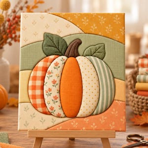 May include: A square fabric wall art piece featuring a padded pumpkin design with segments in orange gingham, floral print, solid orange, yellow polka dots, and green stripes. The pumpkin has dark green fabric leaves and a brown stem.