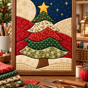 May include: A framed fabric wall art piece featuring a layered, quilted Christmas tree design. The tree is composed of various patterned fabrics in red, green, and cream, topped with a yellow star against a dark blue starry night sky.