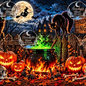 Op de afbeelding: Een Halloween-illustratie met een zwarte kat, een gloeiende groene ketel boven een vuur, uitgesneden pompoenen, een schedel en een houten bord met de tekst HALLOWEEN NIGHT. De scène bevat een volle maan, vleermuizen en een donker huis.