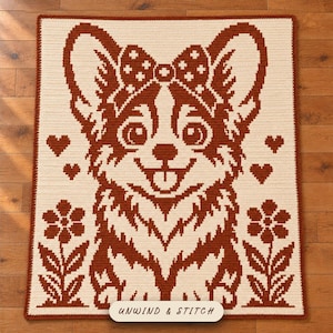 Corgi in Bloom Overlay Mosaic Crochet Blanket Pattern, Corgi Puppy Baby Blanket PDF, Floral Dog Crochet Chart, Dog Lover Throw Pattern