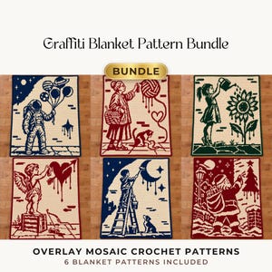Könnte beinhalten: Eine digitale Sammlung mit dem Titel Graffiti Blanket Pattern Bundle, die sechs Overlay-Mosaik-Häkelmuster enthält. Die Designs zeigen einen Astronauten mit Luftballons, eine Person mit Garn, ein Kind beim Blumengießen, einen Amor, eine Person beim Mondmalen und den Weihnachtsmann.
