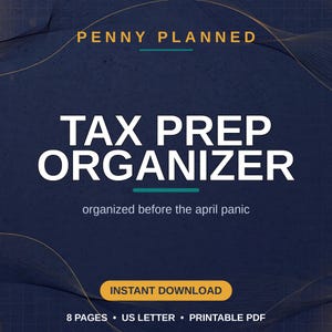 May include: A digital tax prep organizer document titled Penny Planned Tax Prep Organizer, organized before the april panic. The dark blue background features gold wave lines, an instant download button, and text specifying 8 pages, US letter, printable PDF.