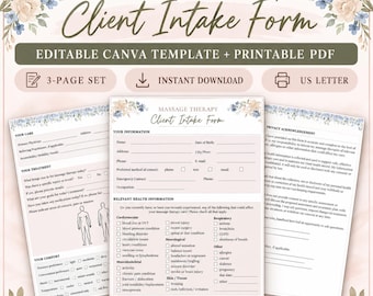 Massage Therapy Intake Form Template, Editable Canva Client Form, Printable RMT Health History PDF