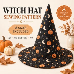 Puede incluir: Un patrón de costura para sombrero de bruja en tela negra con un estampado repetitivo de calabazas naranjas, lunas crecientes blancas y estrellas. El texto dice WITCH HAT SEWING PATTERN, 8 SIZES INCLUDED, A4, US LETTER, A0, INSTANT PDF DOWNLOAD.