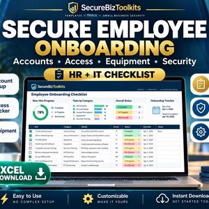 以下が含まれることがあります： ノートパソコンの画面に表示されたSecureBizToolkitsの従業員オンボーディングチェックリスト。インターフェースには進捗グラフ、タスクカテゴリ、HRおよびITチェックリストが含まれ、アカウント設定、アクセス、機器、セキュリティのアイコンが表示されています。