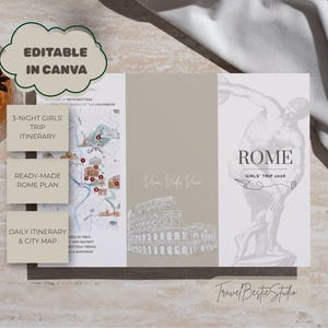 Könnte beinhalten: Ein dreifach gefalteter Reiseplan für Rom mit einer Karte, einer Skizze des Kolosseums und einer klassischen Statuenillustration. Der Text enthält "EDITABLE IN CANVA," "3-NIGHT GIRLS TRIP ITINERARY," "READY-MADE ROME PLAN," "DAILY ITINERARY & CITY MAP," und "ROME GIRLS TRIP 2026."