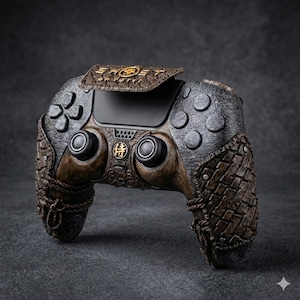 Könnte beinhalten: Ein benutzerdefinierter Gamecontroller mit einer verwitterten, dunkelgrauen und braunen Texturoberfläche. Das Gerät verfügt über ein geflochtenes Muster an den Griffen, seilartige Akzente und ein goldenes japanisches Schriftzeichen in der Mitte. Der Text GHOST OF TSUSHIMA ist auf der oberen Platte zu sehen.