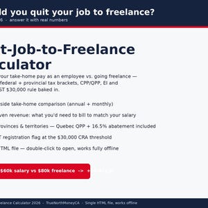 May include: A digital calculator tool titled Should you quit your job to freelance? Canada 2026. The interface features a Quit-Job-to-Freelance Calculator for comparing employee pay versus freelance income, including tax brackets, CPP/QPP, EI, and GST/HST rules.