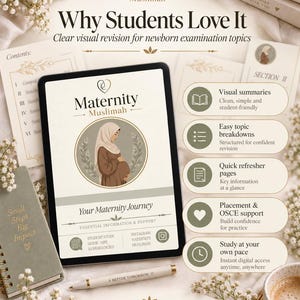 May include: A digital study guide titled Maternity Muslimah displayed on a tablet screen, featuring an illustration of a pregnant person in a hijab. The interface includes text sections for visual summaries, topic breakdowns, and quick refresher pages.