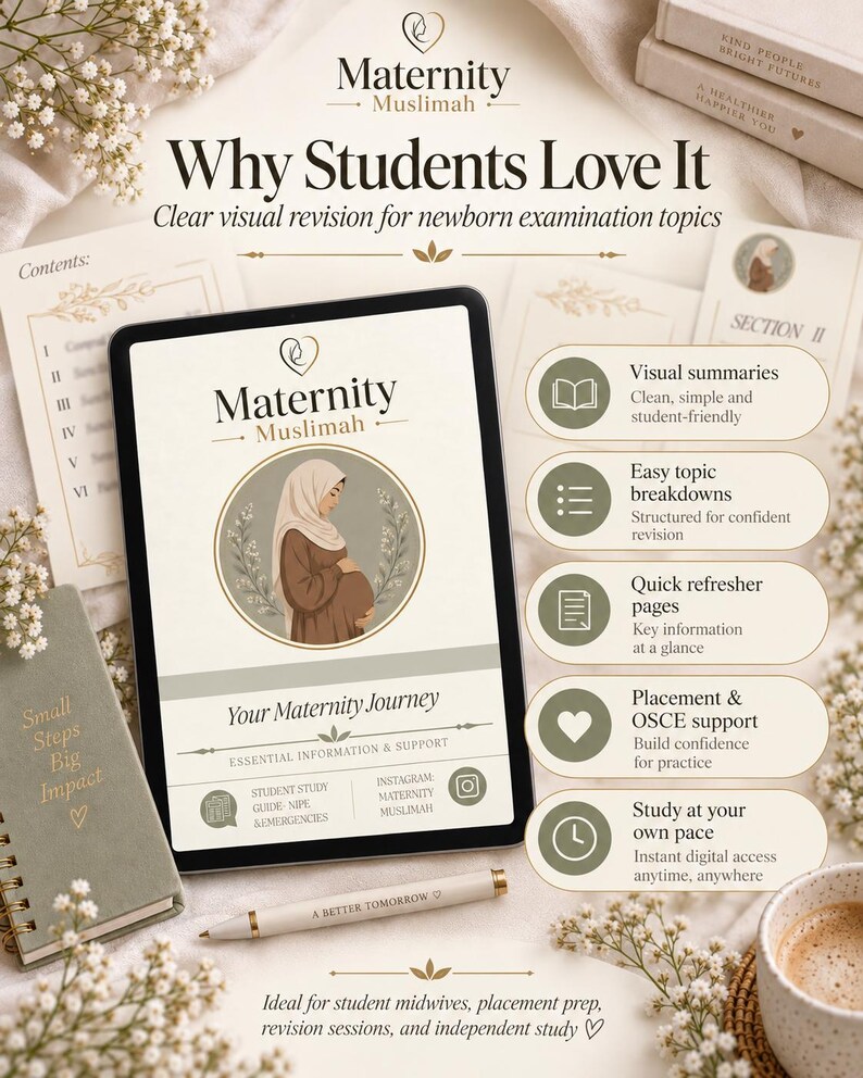 May include: A digital study guide titled Maternity Muslimah displayed on a tablet screen, featuring an illustration of a pregnant person in a hijab. The interface includes text sections for visual summaries, topic breakdowns, and quick refresher pages.