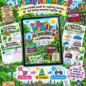 Peut inclure: Une tablette num&eacute;rique affiche un ensemble d'activit&eacute;s familiales sur le th&egrave;me de Londres avec le texte Our Family Adventures London. Autour de la tablette se trouvent des feuilles imprimables incluant une chasse au tr&eacute;sor, un bingo et un journal de voyage avec des illustrations de Big Ben, de bus rouges et du London Eye.