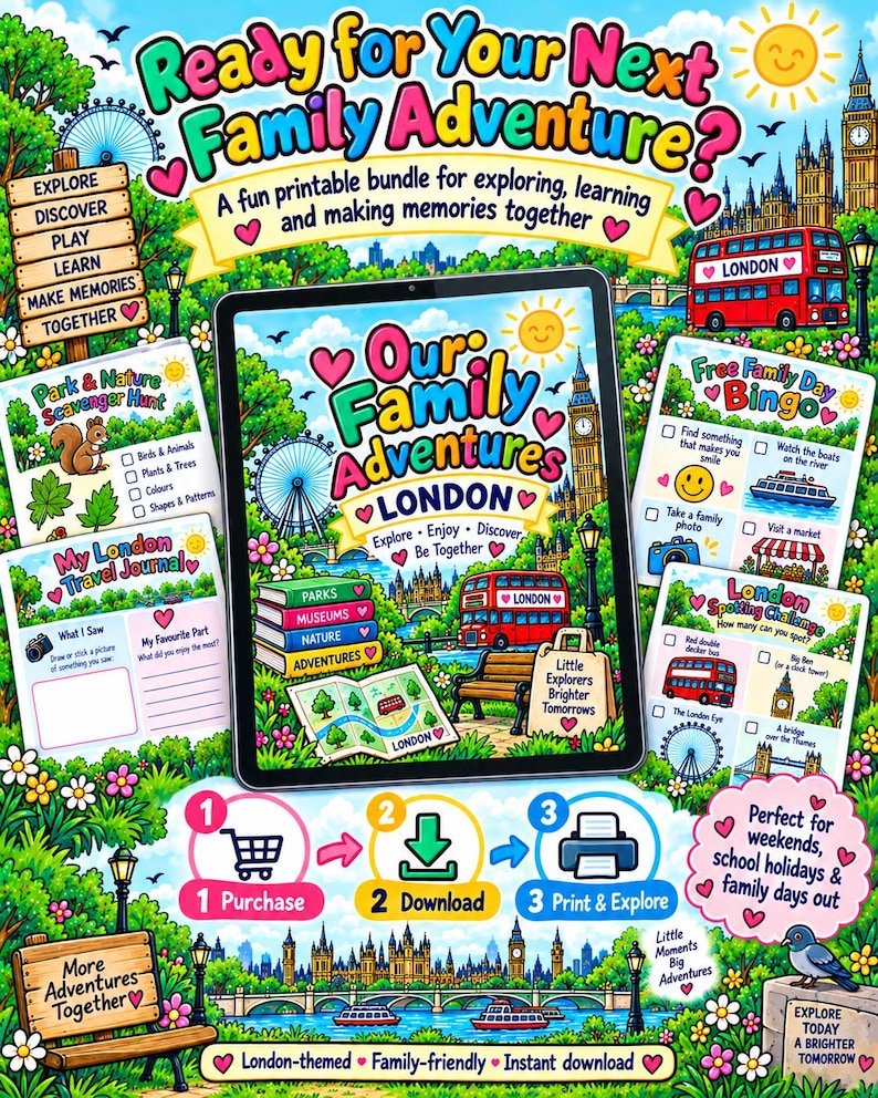 Peut inclure: Une tablette num&eacute;rique affiche un ensemble d'activit&eacute;s familiales sur le th&egrave;me de Londres avec le texte Our Family Adventures London. Autour de la tablette se trouvent des feuilles imprimables incluant une chasse au tr&eacute;sor, un bingo et un journal de voyage avec des illustrations de Big Ben, de bus rouges et du London Eye.