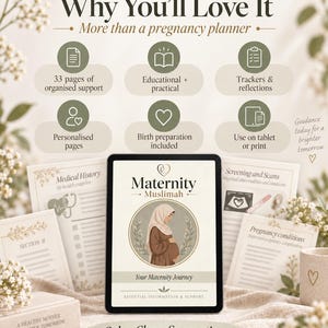 Peut inclure: Un planificateur de grossesse num&eacute;rique intitul&eacute; Maternity Muslimah affich&eacute; sur une tablette, avec une illustration d'une personne enceinte portant un hijab. La mise en page inclut des sections pour les ant&eacute;c&eacute;dents m&eacute;dicaux et le suivi.