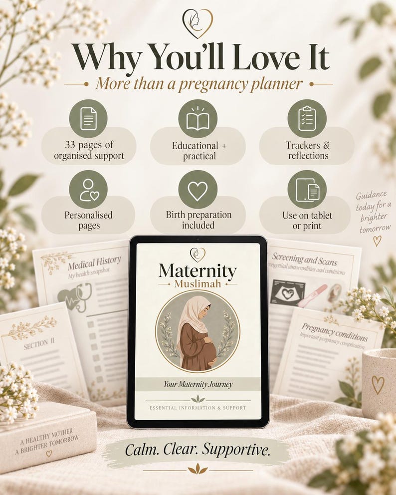 Peut inclure: Un planificateur de grossesse num&eacute;rique intitul&eacute; Maternity Muslimah affich&eacute; sur une tablette, avec une illustration d'une personne enceinte portant un hijab. La mise en page inclut des sections pour les ant&eacute;c&eacute;dents m&eacute;dicaux et le suivi.