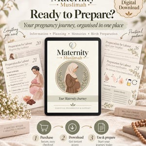 Peut inclure: Un planificateur de grossesse num&eacute;rique intitul&eacute; Maternity Muslimah affich&eacute; sur une tablette, entour&eacute; de pages imprim&eacute;es avec des illustrations de personnes enceintes, des guides de collecte de colostrum et des mod&egrave;les de projet de naissance.