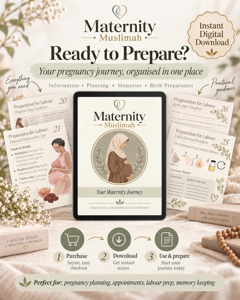 Peut inclure: Un planificateur de grossesse num&eacute;rique intitul&eacute; Maternity Muslimah affich&eacute; sur une tablette, entour&eacute; de pages imprim&eacute;es avec des illustrations de personnes enceintes, des guides de collecte de colostrum et des mod&egrave;les de projet de naissance.