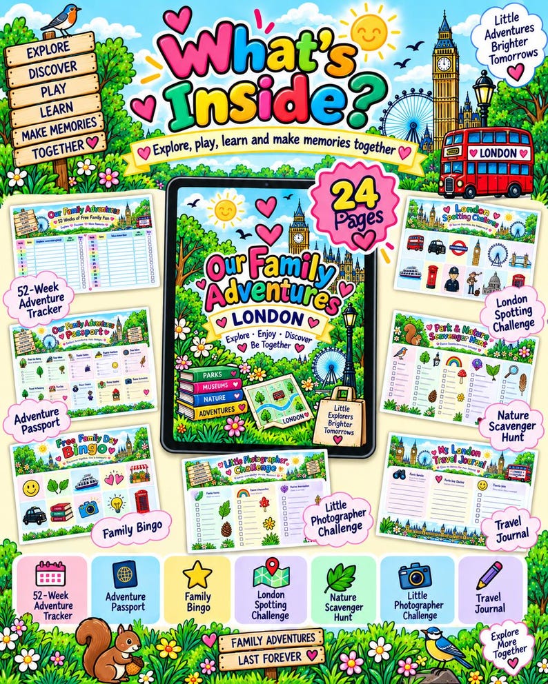 Peut inclure: Un livre d'activit&eacute;s num&eacute;rique color&eacute; intitul&eacute; What's Inside? pr&eacute;sentant des pages sur le th&egrave;me de Londres, incluant un suivi d'aventures de 52 semaines, un bingo familial, un d&eacute;fi d'observation, une chasse au tr&eacute;sor et un journal de voyage.