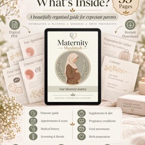 Peut inclure: Un guide de maternit&eacute; num&eacute;rique de 33 pages intitul&eacute; Maternity Muslimah affich&eacute; sur une tablette. La couverture pr&eacute;sente une illustration d'une personne enceinte portant un hijab. Les pages montrent la planification et le suivi de grossesse.