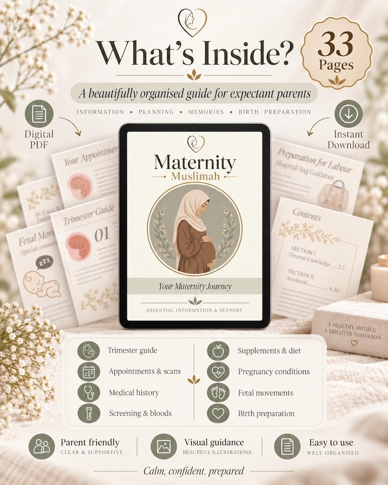 Peut inclure: Un guide de maternit&eacute; num&eacute;rique de 33 pages intitul&eacute; Maternity Muslimah affich&eacute; sur une tablette. La couverture pr&eacute;sente une illustration d'une personne enceinte portant un hijab. Les pages montrent la planification et le suivi de grossesse.