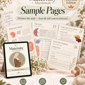 Peut inclure: Une tablette num&eacute;rique affichant une page de couverture Maternity Muslimah avec des pages d'exemple imprim&eacute;es intitul&eacute;es Trimester Guide, Placenta, Preparation for Labour et Birth Plan Template. Le texte inclut Antenatal Edition.