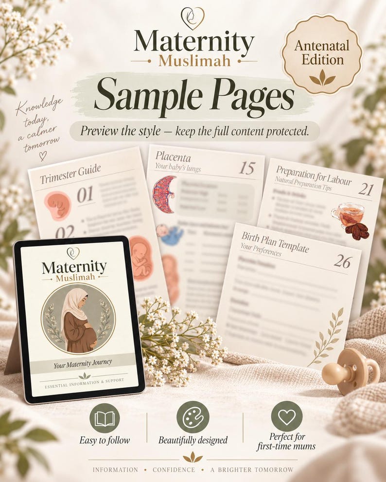 Peut inclure: Une tablette num&eacute;rique affichant une page de couverture Maternity Muslimah avec des pages d'exemple imprim&eacute;es intitul&eacute;es Trimester Guide, Placenta, Preparation for Labour et Birth Plan Template. Le texte inclut Antenatal Edition.