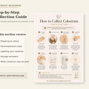 May include: An educational infographic titled How to Collect Colostrum, featuring eight numbered steps with illustrations and text. It includes sections on preparing, hand-expressing, labeling, and storing colostrum, with important tips at the bottom.