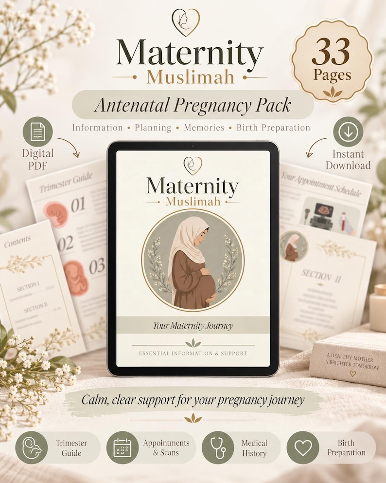 Peut inclure: Une tablette num&eacute;rique affiche un pack de grossesse pr&eacute;natal Maternity Muslimah de 33 pages. L'&eacute;cran pr&eacute;sente une illustration d'une personne enceinte portant un hijab, avec le texte Maternity Muslimah, Your Maternity Journey et Essential Information & Support.
