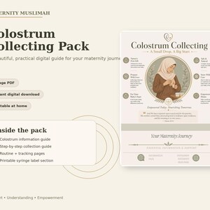 May include: A digital Colostrum Collecting Pack guide featuring an 8-page PDF, instant download, and printable at home options. The document includes an information guide, step-by-step collection instructions, tracking pages, and syringe labels.