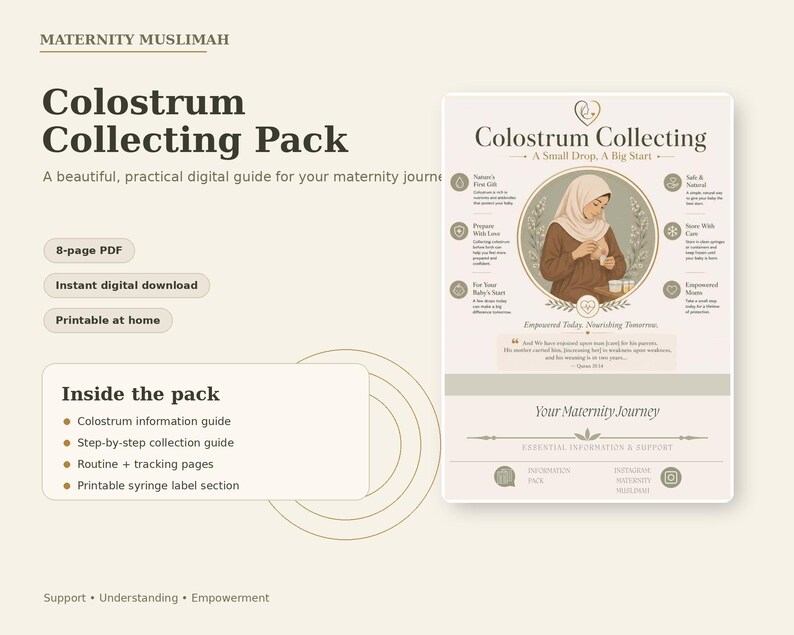 May include: A digital Colostrum Collecting Pack guide featuring an 8-page PDF, instant download, and printable at home options. The document includes an information guide, step-by-step collection instructions, tracking pages, and syringe labels.