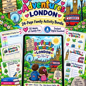 Peut inclure: Un ensemble d'activit&eacute;s num&eacute;riques de 24 pages intitul&eacute; Our Family Adventures London, illustr&eacute; avec Big Ben, un bus rouge &agrave; imp&eacute;riale et le London Eye. Le kit comprend des fiches d'activit&eacute;s comme une chasse au tr&eacute;sor, un bingo et un passeport.