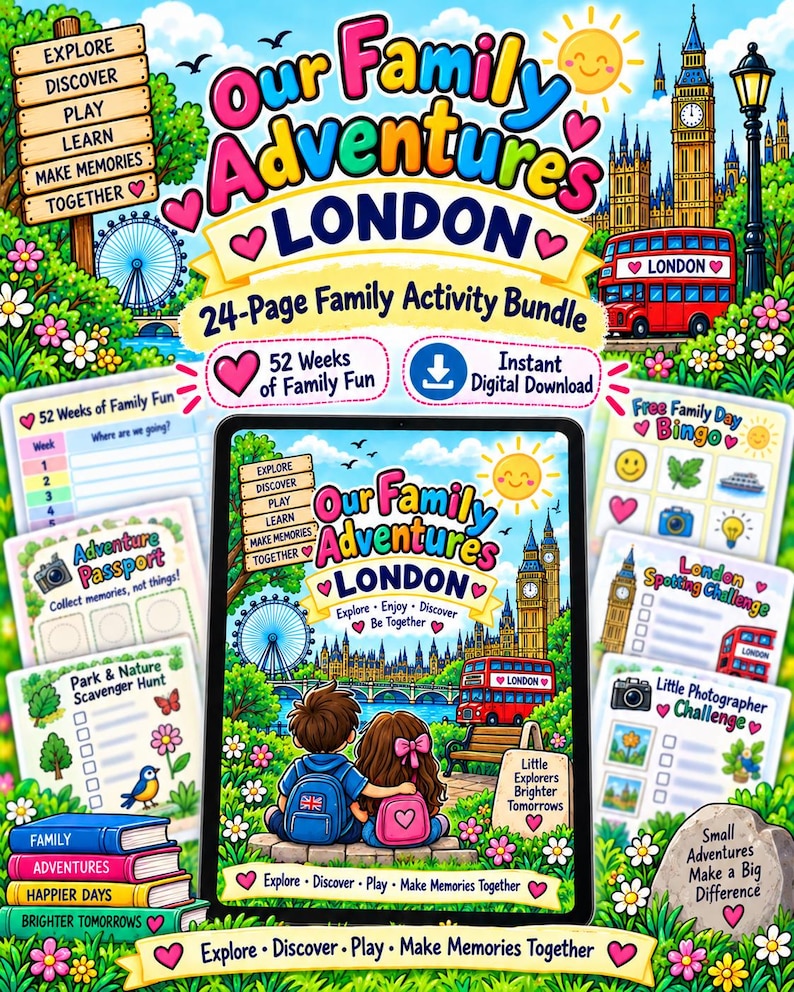 Peut inclure: Un ensemble d'activit&eacute;s num&eacute;riques de 24 pages intitul&eacute; Our Family Adventures London, illustr&eacute; avec Big Ben, un bus rouge &agrave; imp&eacute;riale et le London Eye. Le kit comprend des fiches d'activit&eacute;s comme une chasse au tr&eacute;sor, un bingo et un passeport.