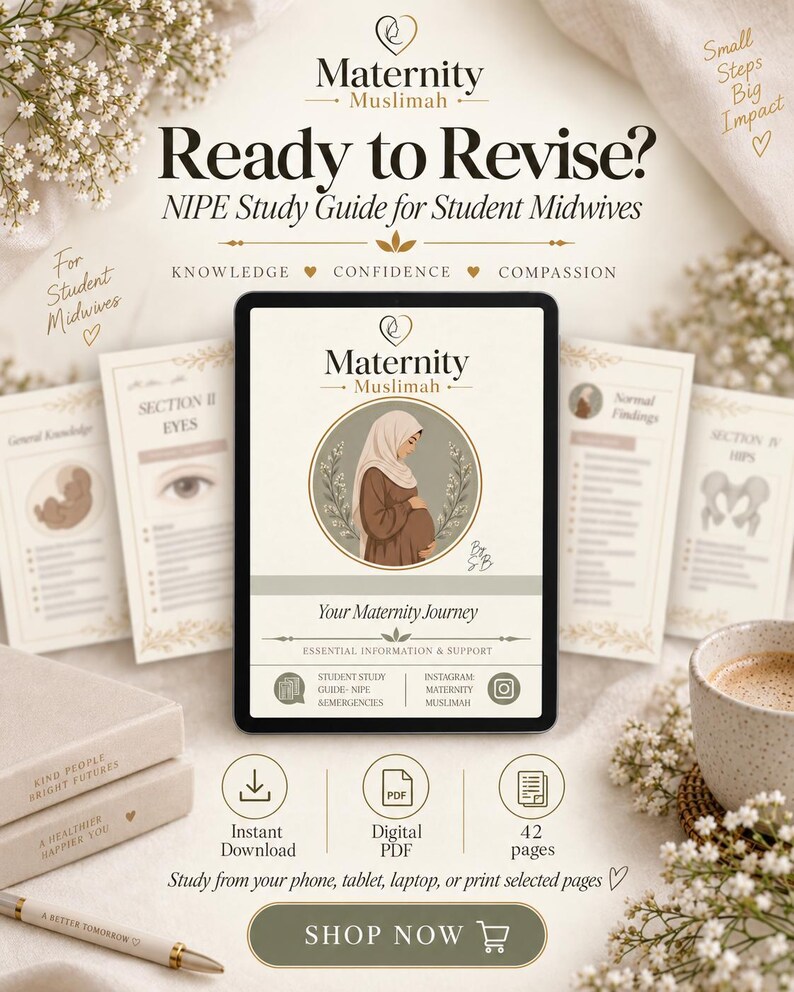 May include: A digital NIPE study guide for student midwives titled Maternity Muslimah. The cover features an illustration of a pregnant person in a hijab, with text including Ready to Revise, Your Maternity Journey, and Essential Information & Support.