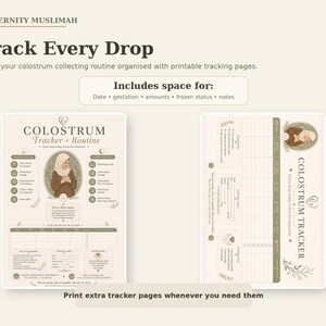 May include: Two printable colostrum tracker pages with a cream background and dark brown text. The pages feature an illustration of a person in a hijab, sections for tracking dates, gestation, amounts, frozen status, and notes, plus routine checklists.