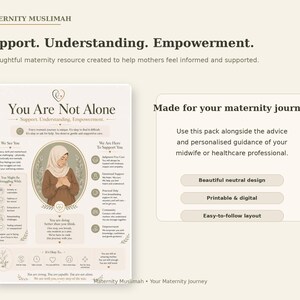 May include: A beige informational poster titled You Are Not Alone, featuring an illustration of a person in a hijab, with text sections on support, understanding, and empowerment for maternity, including lists of care and guidance.