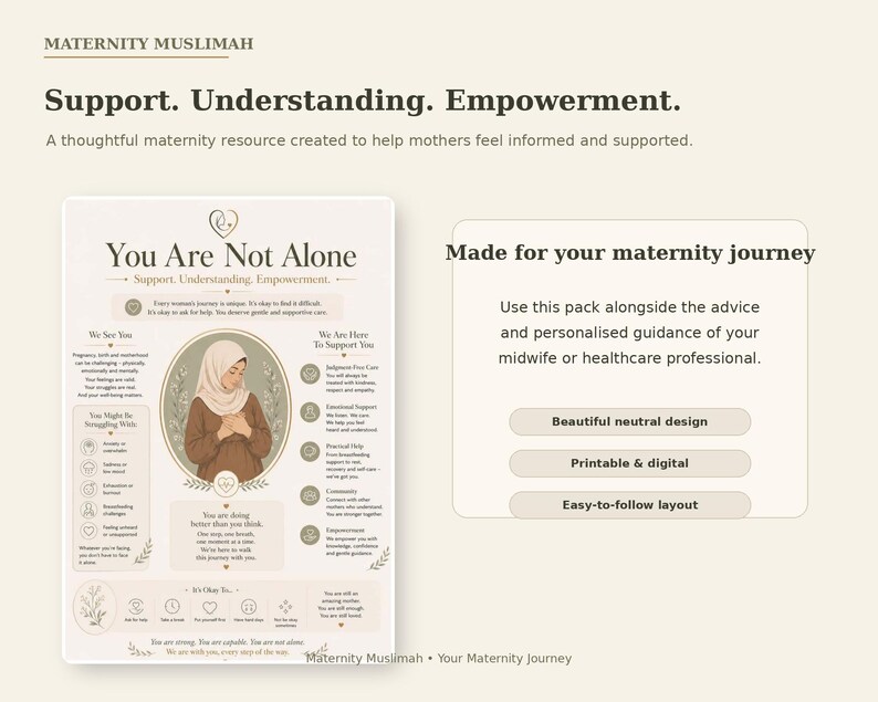 May include: A beige informational poster titled You Are Not Alone, featuring an illustration of a person in a hijab, with text sections on support, understanding, and empowerment for maternity, including lists of care and guidance.