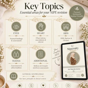 May include: A Maternity Muslimah educational infographic titled Key Topics for NIPE revision. It features sections on eyes, heart, hips, testes, and additional assessments, alongside a tablet displaying a guide cover and various study icons.