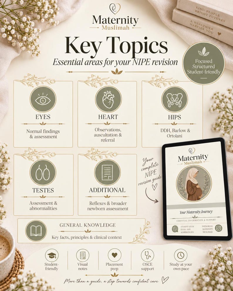 May include: A Maternity Muslimah educational infographic titled Key Topics for NIPE revision. It features sections on eyes, heart, hips, testes, and additional assessments, alongside a tablet displaying a guide cover and various study icons.