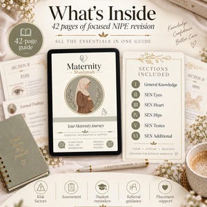 May include: A 42-page digital maternity guide titled Maternity Muslimah, featuring a tablet displaying a pregnant person in a hijab, a list of six sections including SEN Eyes and Heart, a small notebook, a pen, and icons for risk factors and assessment.
