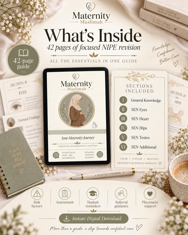 May include: A 42-page digital maternity guide titled Maternity Muslimah, featuring a tablet displaying a pregnant person in a hijab, a list of six sections including SEN Eyes and Heart, a small notebook, a pen, and icons for risk factors and assessment.