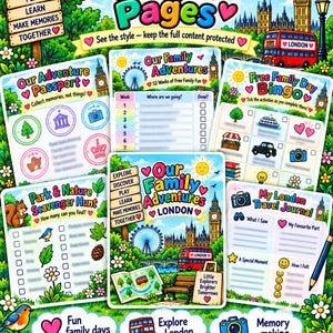 Peut inclure: Une collection de pages d'activit&eacute;s color&eacute;es intitul&eacute;es Our Family Adventures London, illustrant Big Ben, un bus rouge &agrave; imp&eacute;riale et le London Eye. Les pages incluent des mod&egrave;les de chasse au tr&eacute;sor, de bingo et de journal de voyage.