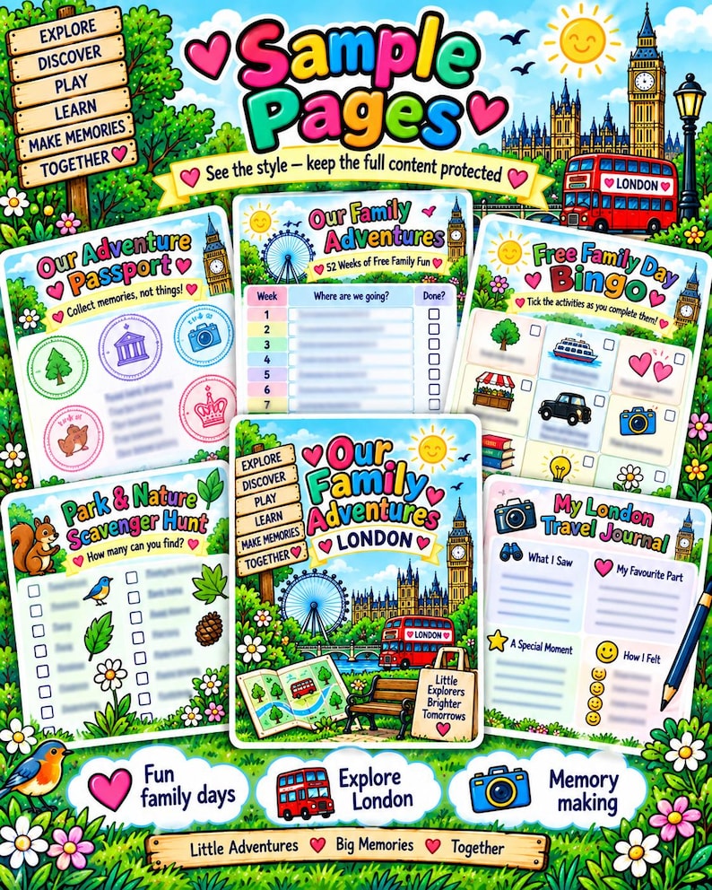 Peut inclure: Une collection de pages d'activit&eacute;s color&eacute;es intitul&eacute;es Our Family Adventures London, illustrant Big Ben, un bus rouge &agrave; imp&eacute;riale et le London Eye. Les pages incluent des mod&egrave;les de chasse au tr&eacute;sor, de bingo et de journal de voyage.