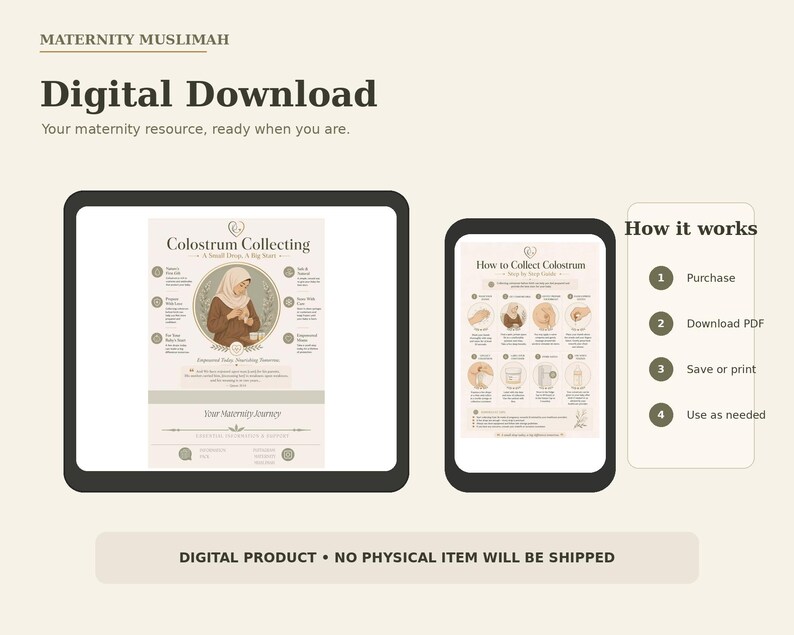 May include: A digital download maternity resource titled MATERNITY MUSLIMAH featuring two screens displaying instructional guides on Colostrum Collecting. The text includes How it works steps: Purchase, Download PDF, Save or print, and Use as needed.