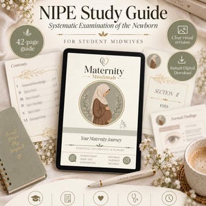 May include: A digital tablet displaying the Maternity Muslimah NIPE Study Guide for student midwives, featuring an illustration of a pregnant person in a hijab. The screen shows the title, section headers, and icons for study support.