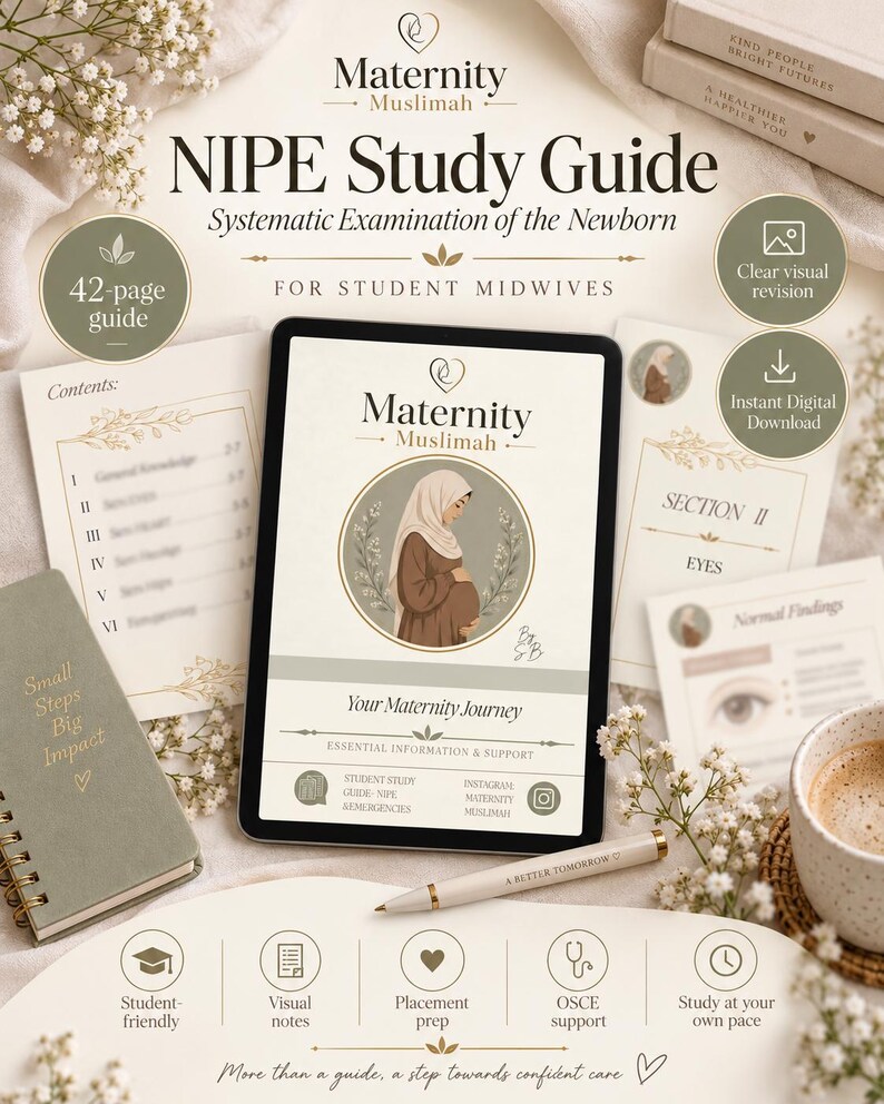 May include: A digital tablet displaying the Maternity Muslimah NIPE Study Guide for student midwives, featuring an illustration of a pregnant person in a hijab. The screen shows the title, section headers, and icons for study support.