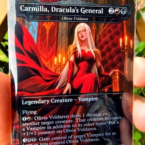 May include: A collectible trading card titled Carmilla, Dracula's General, featuring an illustration of a long-haired figure in a red dress sitting on a throne. The card text includes Legendary Creature - Vampire, Flying, and game rules, with a 3/3 power and toughness rating at the bottom right.